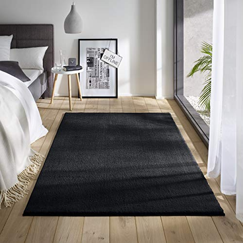 TacaHome Waschbarer Kurzflor Teppich Anti-Rutsch I Flauschiger Flachflor für Badezimmer Wohnzimmer Schlafzimmer Kinderzimmer Flur Läufer | 50 x 80 cm Schwarz
