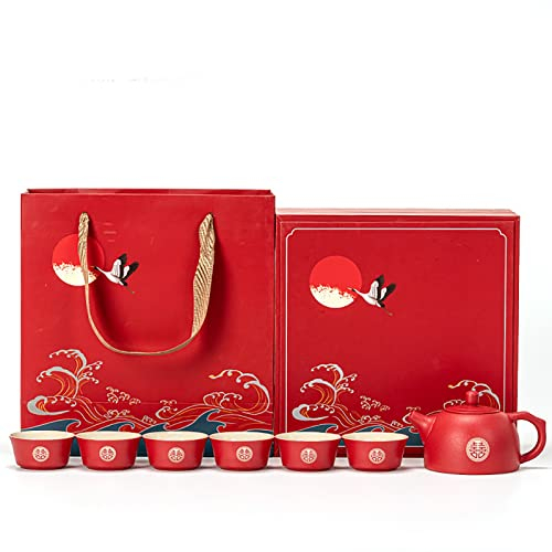 Chinese Kung Fu Tea Set Teapot Double Happiness Porcelain Red Wedding Tea Set Teapot, Chinese Traditional Wedding Decoration Supplies, Creative Ceramics Tea Service Set ( Color : 1 pot 6 Cups )