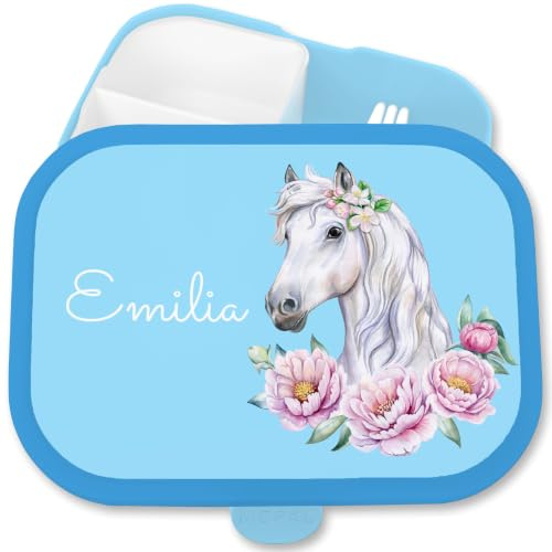 Shirtracer Mepal Brotdose Kinder personalisiert Pferdekopf Blumen Name | Blau, 750 ml, mit Fächern, Schule, Campus, spülmaschinenfest, Vesperbox, Snackbox, Jausenbox, Kindergarten, Einschulung