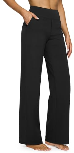 G4Free Yoga Damenhose Hohe Taille Kleiderhose mit 4 Taschen Elegant Strecken Weites Bein Geschäft Hose Arbeit Bauchkontrolle Lose Gerade Hose Klein/Regulär/Groß