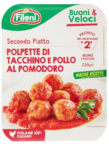 Fileni - Polpette con Pollo e Tacchino al Pomodoro 220 g - Buoni & Veloci - Carne 100% Italiana - Pollo Allevato Senza Uso di Antibiotici - Secondo Piatto Gustoso e Saporito