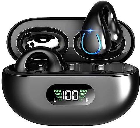 M MOVONE Open Ear Clip Wireless Earbuds Bluetooth 5.3, Sports Earphones Built-in Microphone,Bone Conduction Headphones, Wireless Charging Case & Display, Waterproof Fitness Headphones for Running