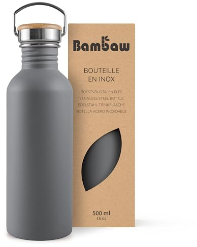 Bambaw Trinkflasche Metall 500ml, Nicht-isolierte Wasserflasche Grau, Trinkflasche Kinder Edelstahl, Flasche Spülmaschinenfest – Anthrazit