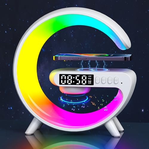 UDIYO Nachttischlampen Lautsprecher Mit Kabellosem Ladegerät, Bluetooth Lautsprecher mit Wecker, Kabelloses G-Lampen Ladegerät, Dimmbare LED Tischlampe Alarm Clock, AtmosphäRenlampe Über USB (Weiß)