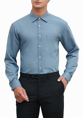 HISDERN Chemise Bleu Clair à Manches Longues pour Hommes Chemise Habillée en Fibre de Bambou Coupe Régulière Chemise sans Repassage avec Poche,XL