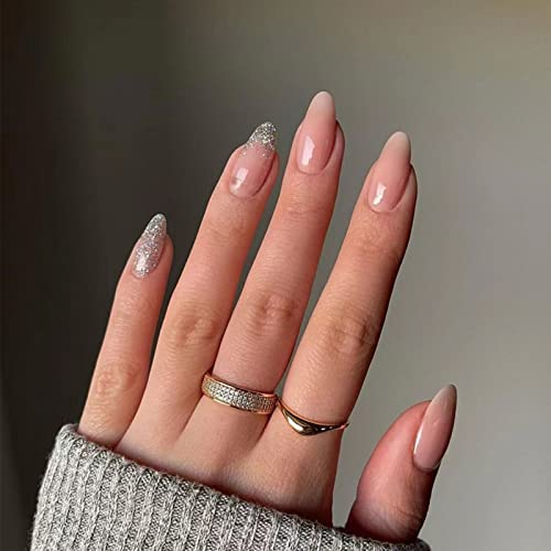 JUSTOTRY 24 Stück Glitzer Mandel Nägel Zum Aufkleben Kurz Motiv,Nude Press on Nails,Glossy French Oval Künstliche Nägel,Schöne Fingernägel Fake Nails für Frauen