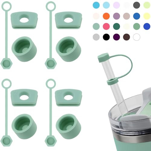 DUNLAGUE Silicone Spill Stopper Set Compatible with Stanley Cup 2.0 30oz & 40oz with Straw Cover (Set of 4, Eucalyptus)