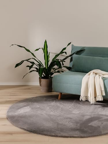 benuta Basic Kunstfaser Fellteppich Furry - Grau Rund 120 cm - Weicher Wohnzimmerteppich - Anti-Rutsch-Rückseite - Waschbar - Für Fußbodenheizung geeignet
