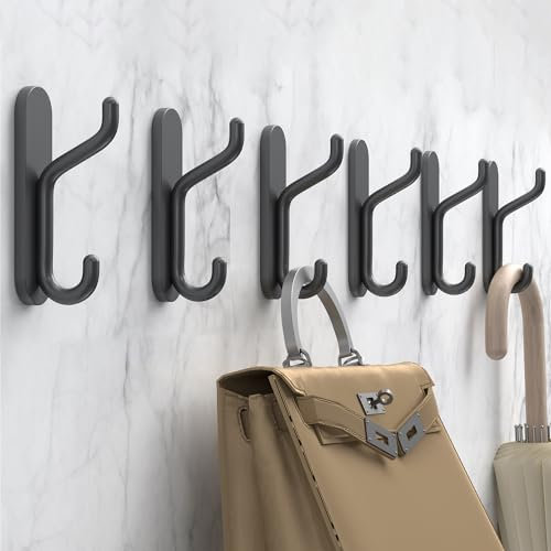 jockcaras Black Coat Hook Stick On: 6 Packs Adhesive Bathroom Hanging Hook for Towel Robes, Aluminum Metal Hook