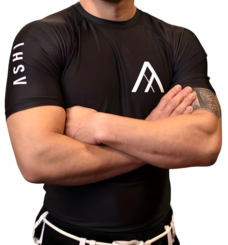 ASHI Jiu Jitsu Compression Rash Guard for Women and Men with Short Sleeve - Breathable & Lightweight Standard Rash Guard, Black, Large