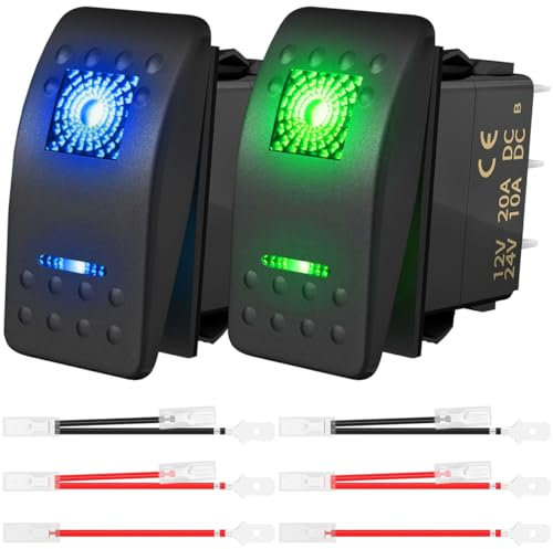 MKBKLLJY 2St. Kippschalter DC 20A/12V 10A/24V SPST Blau Grün LED Beleuchtet Wasserdicht Wippschalter 5Pin Ein/Aus mit Überbrückungsdrähten Set für UTV Autos Boot