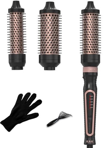 K&K 3 in 1 Ionic Heated Round Brush Curler, Ceramic Thermal Hair Brush Set | VERSATILE 3-IN-1 SET: Features 3 interchangeable barrels to create versatile curls, beachy waves, and instant root volume