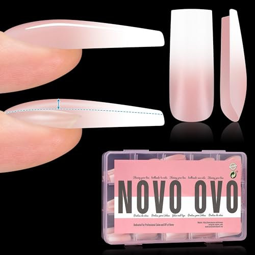 NOVO OVO Instant Apex Sculpted Square OMBRE French Tip Nail Tips, Extra Thick Pre-applied Tip Primer & Base Coat, BABY PINK Full Cover False Nails Fake Nail Extensions, Press on Nails 15 sizes 150 pcs
