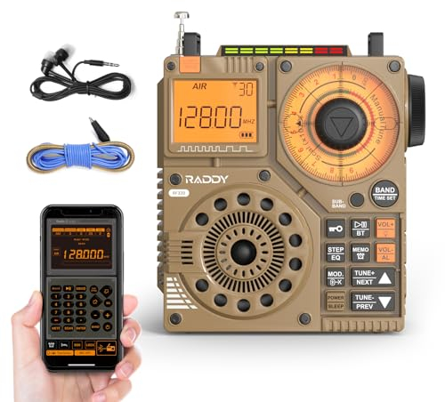 Raddy RF320 App Control Radio de Onda Corta, Receptor FM/Am/VHF/SW/Air con Bluetooth, Radio portátil Recargable con Antena con Cable de 3 Metros, Auricular, Lintern(Amarillo)