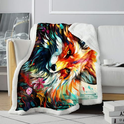 Sherpa-Decke, farbenfrohe 3D-gedruckte Decke mit psychedelischem Kunstfuchs, weiche und bequeme Decke, geeignet für die tägliche Büroreise im Auto, kann als Geschenk für Mama verwendet werden.