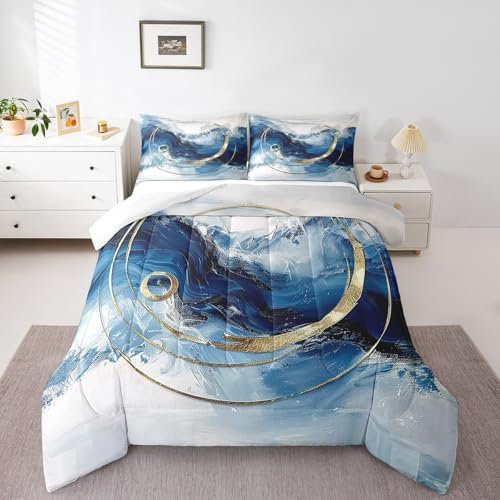 Blue Marble Comforter Set,Modern Abstract Bedding Set for Kids Girls Women,Adults Navy Blue Mixed Golden Lines Comforter,Watercolor Quilted Duvet Set Bedroom Collection Single Size 2Pcs