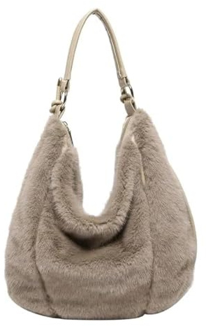 Generisch Damen Kunstfell Pelzige Tote Tasche, Plüsch Umhängetasche Damen, Flauschige Retro-Umhängetasche mit Reißverschluss, Damen Herbst Winter Plüsch Handtasche (Khaki)