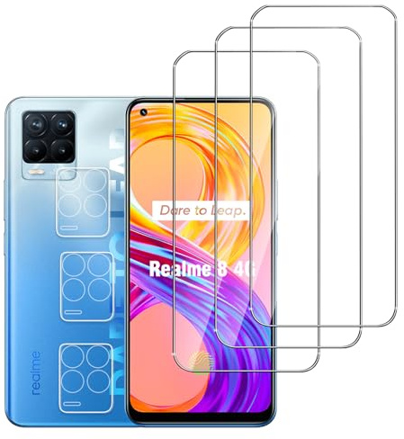 Jinshiweikai 6 Piezas: 3 x Protector Pantalla para Realme 8 y 3 x Protector Pantalla Protector de Lente de Cámara, Dureza 9H Antiarrayazos, Antihuellas, HD Ultraclaro