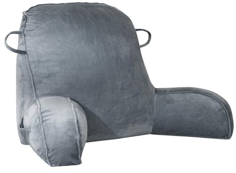 GKXLH Almohada de lectura de terciopelo para sentarse en la cama para niños y adultos, almohada de espalda para niños, almohada de espalda de doble asa, con brazo y bolsillo y funda lavable (gris)