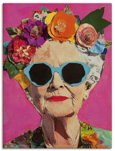 ARTLAND Wanddeko Leinwand Bilder Wandbild Porträt alte Frau mit Sonnenbrille Blumen Farben Collage U5MQ