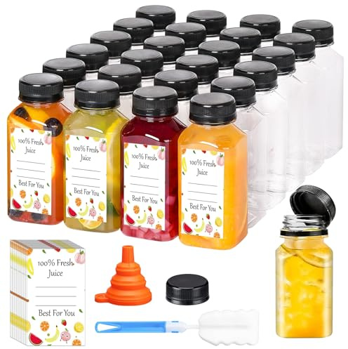 24 Stück 150ml Kunststoff Saftflaschen zum Befüllen, Leere Flaschen Wiederverwendbare Kleine Flaschen mit Reinigungsbürste Silikontrichter für Mini-Kühlschrank Juicer Shots Wasser Milch (180ML)