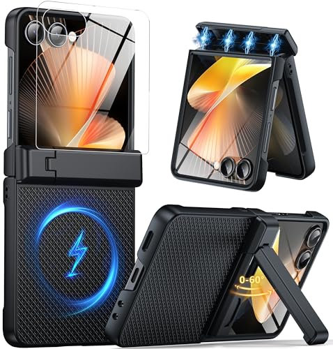 Oterkin Magnetic for Samsung Galaxy Z Flip 7 Case with Stand, Built-in[Screen Protector][Hinge Protection]Compatible with MagSafe, Non-Slip Texture Slim Rugged Shockproof Phone Case for Z Flip 7,Black