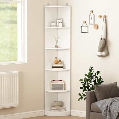 DWVO 5-Tier Corner Bookshelf, Modern Freestanding Shelf Unit, Open Storage Display Bookcase for Living Room, Home Office, Bedroom, Study - White, 30x30x180cm