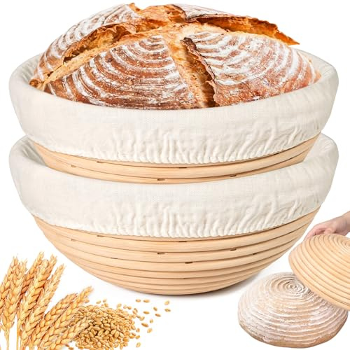Gärkörbchen Set 2-teilig, 9 Zoll Rundes Gärkorb Brot mit Leinen-Einsätzen - aus Hohe Qualität Rattan | Sauerteig Starter Gärkörbchen | 23cm Geschenk für Professionelles Backbrot