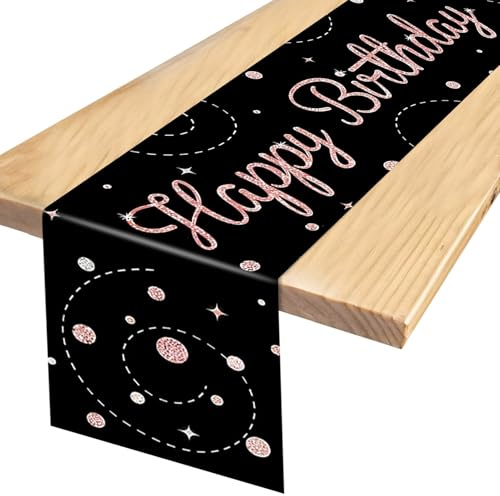 Happy Birthday Tischdecke Geburtstag Schwarz Pink 180x35 cm Tischdeko | Tischläufer Wiederverwendbare & Waschbare, Geburtstagstischdecke, für Geburtstagsfeier, Fotohintergrund, Wohnzimmer, Partys