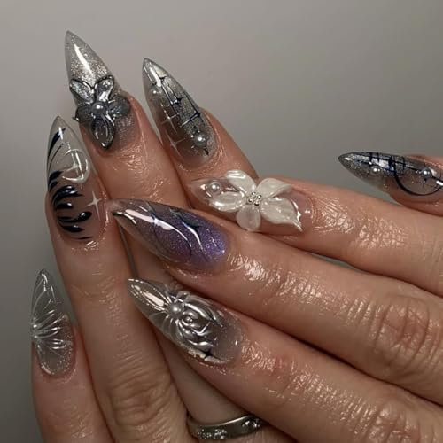 24pcs Medium Almond False Nails Black Purple Ombre Cat Eye Press on Nails White Flower Pearl Design Stick on Nail Removable Glue-on Fake Nail Art Accessories for Women