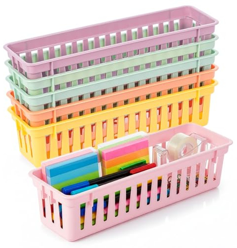 SUNNYNEST 6PCS 25.5x7.5x6cm Classroom Pencil Basket Stationery | Storage Baskets Plastic Pen Holders in 6 Colours Coloured Classroom Organiser Basket for Teachers, Students, Homeschool