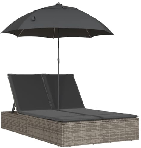 Fisinber Doppel-Sonnenliege mit Sonnenschirm und Auflagen, Polyrattan Gartenliege für 2 Personen, Verstellbare Sonneninsel Grau, Komfortable Liegeinsel für Garten und Terrasse, 200x164x176 cm