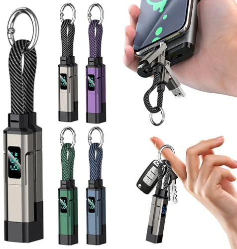 4 in 1 Keychain Charger Cable,65W Fast Charging Short Braided Lanyard Cord,Multi-Interface (USB-A/USB-C//Type-C) with LED Digital Display,Portable Data Cable for Travel (Black, One Size)
