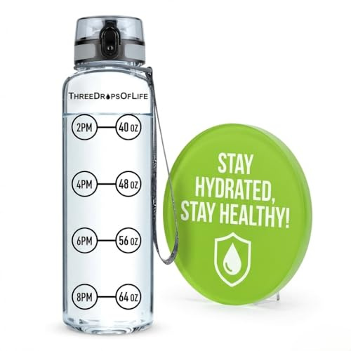 Three Drops of Life 1000ml Clear Sports Water Bottle, Measuring H2O Intake, Tritan Bpa Free, Time Tracker W/Goal Timer, Non-Toxic, Top Plastic Product - Hydration Drink Marker