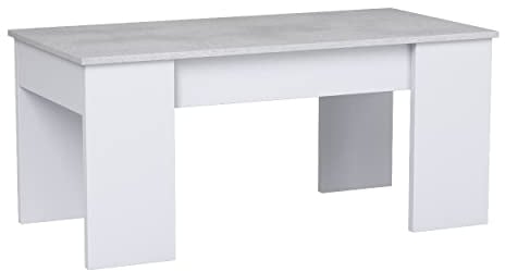 Mesa de Centro Elevable, Mesita de Salón o Comedor, Modelo LC, Acabado en Color Blanco Artik y Cemento, Medidas: 100 cm (Ancho) x 50 cm (Fondo) x 45-56 cm (Alto)