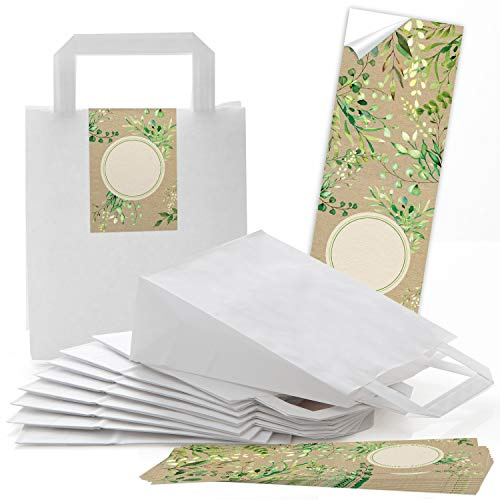 Logbuch-Verlag 25 Mitgebsel Tüten weiß + 25 lange Aufkleber grün braun beschriftbar Gastgeschenk Give-Away Hochzeit Geschenkverpackung Geschenktüte Vintage