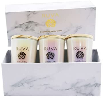 RUVA Spiritual Aromatherapy Crystal infused Candle Gift Set. Vegan, 100% Natural Soy Wax Infused with Essential Oils, Dried Flowers and Healing Crystals