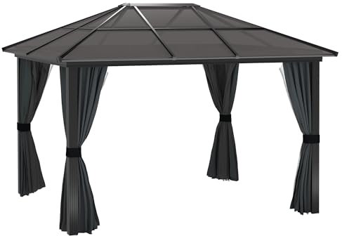 Outsunny 3 x 3.6m Hardtop Gazebo with UV Resistant Polycarbonate Roof & Aluminium Frame, Garden Pavilion with Mosquito Netting and Curtains