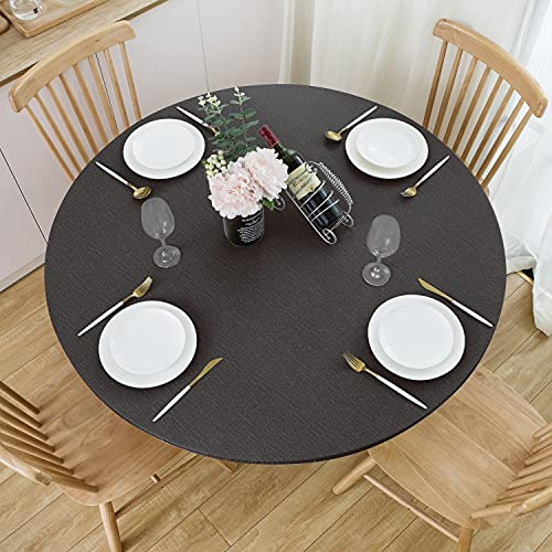 NLMUVW Round Fitted Vinyl Tablecloth with Elastic Edge 100% Waterproof Oil Proof PVC Table Cloth Wipe Clean Table Cover for Indoor and Outdoor, Black, 40- 44