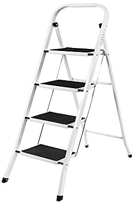 4 Step Ladder, Heavy Duty Steel, Folding, Portable Kitchen Stool With Anti-Slip Mat, Ideal for Home/Kitchen/Garage/Office/Market/Garden