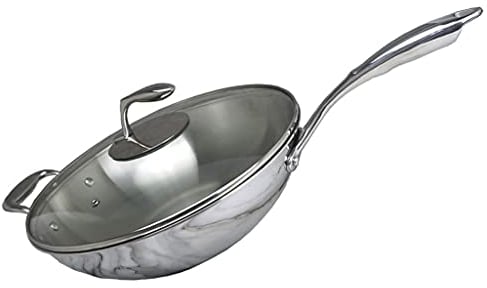 Frying Pan Pot Professional Grade Five-layer Copper Stainless Steel Wok With Tempered Glass Lid Saucepan Large Pot Silver Pan