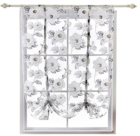 Voile Net Curtains Tie Up, Embroidery Floral White Semi Sheer Blinds for Drop Height Adjustable, Privacy Kitchen Net Curtains Panel,for Bedroom, Study, Bathroom (White,60 * 120cm (24 * 47 inch))