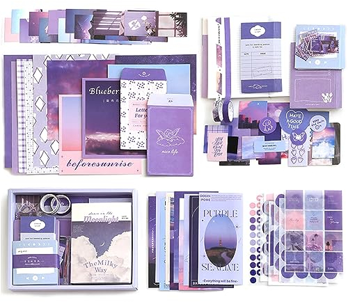 YumSur Scrapbook Zubehör Set,Scrapbooking Papier Ästhetisches mit A6 Raster Notizbuch, Scrapbooking Aufkleber, Dekoratives Schreibpapier, DIY Geschenk für Mädchen Damen Grußkarten Dekoration (Purple)