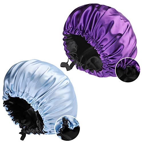 Cuffia Seta Capelli Ricci, Cuffia Capelli Ricci Notte Bonnet, Cappello da Notte Raso, Doppio Strato Cuffia Capelli Notte,Copricapo Regolabile Con Coulisse, per Donne, 2 Pezzi(Viola+Blu Pallido)