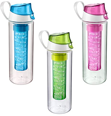 Homeshopa Fruit Infuser Water Bottle, BPA Free Flip Top Leak Proof Lid with Full Length Infusion Rod, Clear Plastic Fruit Infusion Gym Water Bottle for Sports, Camping and Travel, 22 Oz (Pack of 3)