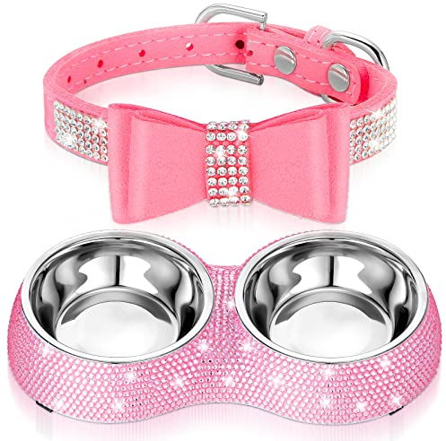 Gerrii Lot de 2 gamelles et colliers réglables en acier inoxydable avec strass pour chien et chat (XS, rose)