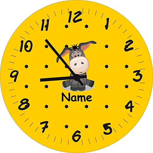 Shirtinstyle Kinderzimmeruhr mit Tiermotiv Esel mit Wunschnamen Geschenk Uhr Kinder Handmade Wanduhr Wunschtext Name, 20cm, Farbe Gelb