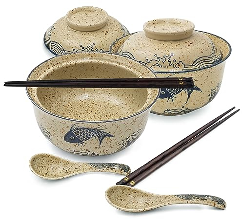 2 Stück Ramen Schüssel Set Japanische Ramen Bowl Schüssel mit Deckel Vintage Keramik Instant Suppenschalen Asiatisch Geschirr Löffel und Essstäbchen - 800ml, Weiß Fisch