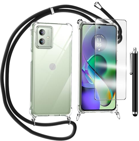 TTSWJBD Funda con Cuerda para Motorola Moto g54 5G y Cristal Templado Protector de Pantalla,Transparente Suave Silicona Carcasa, Ajustable Cordon Collar Colgante Antigolpes Case, Negra