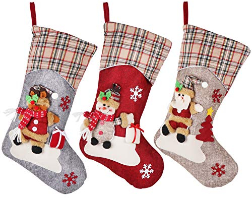 Hengsong Weihnachtssocken,Weihnachtsstrumpf,3 STK Kuschelsocken Weihnachten für Socken Weihnachten&Weihnachtssocken Kamin&Weihnachtsdeko,Grau,Rot,Beige